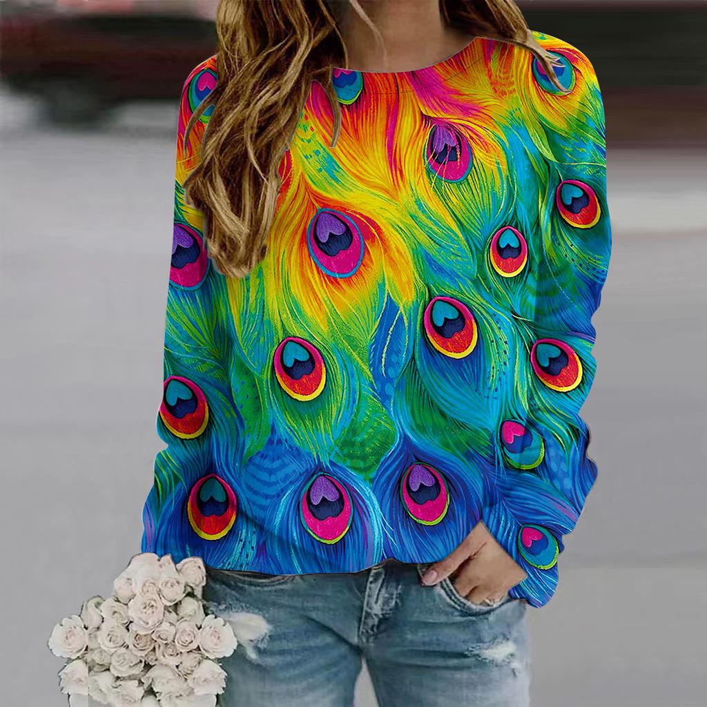 Fall Autumn Women'S Fashion O Neck Long Sleeve T-Shirt Loose Clothes Peacock Feathers Print T Shirt