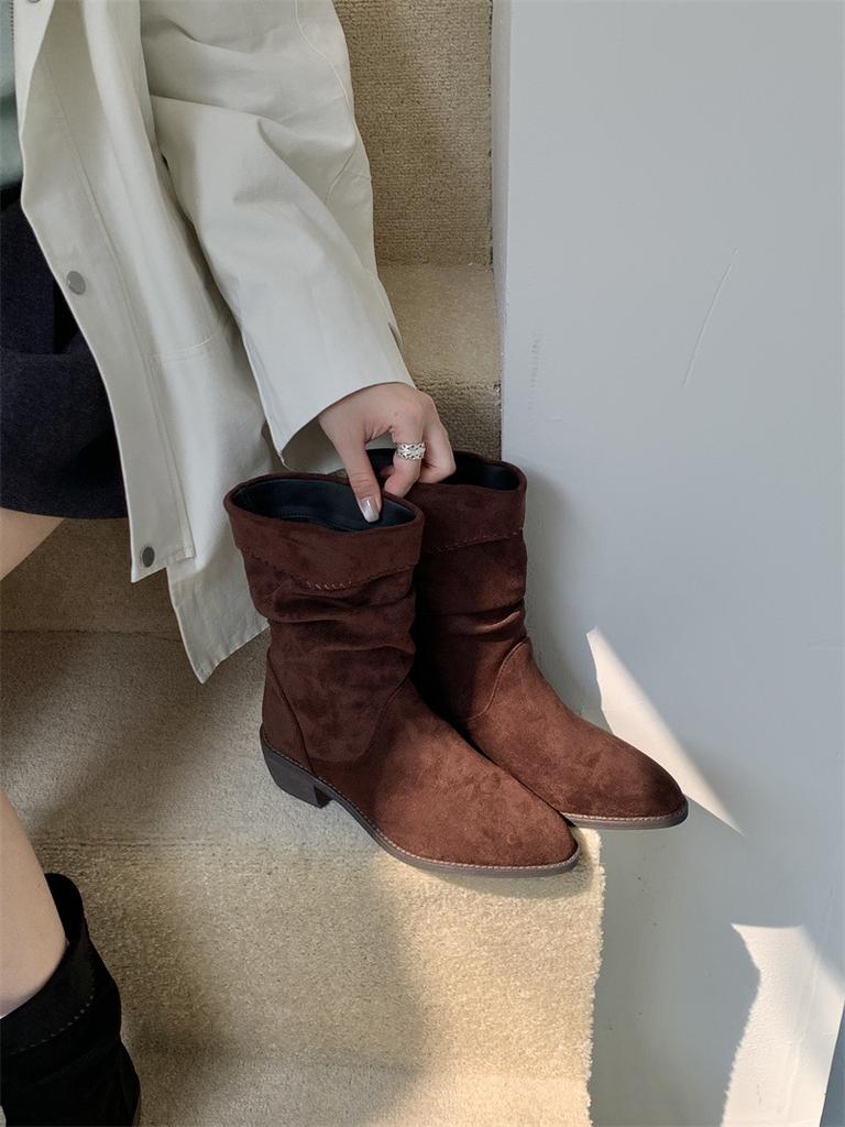 DAPAISHOW Coarse Heel Suede Pile Boots Medium Boots Martin Boots Women's Boots Coffee Maillard Skinny Boots Short Boots
