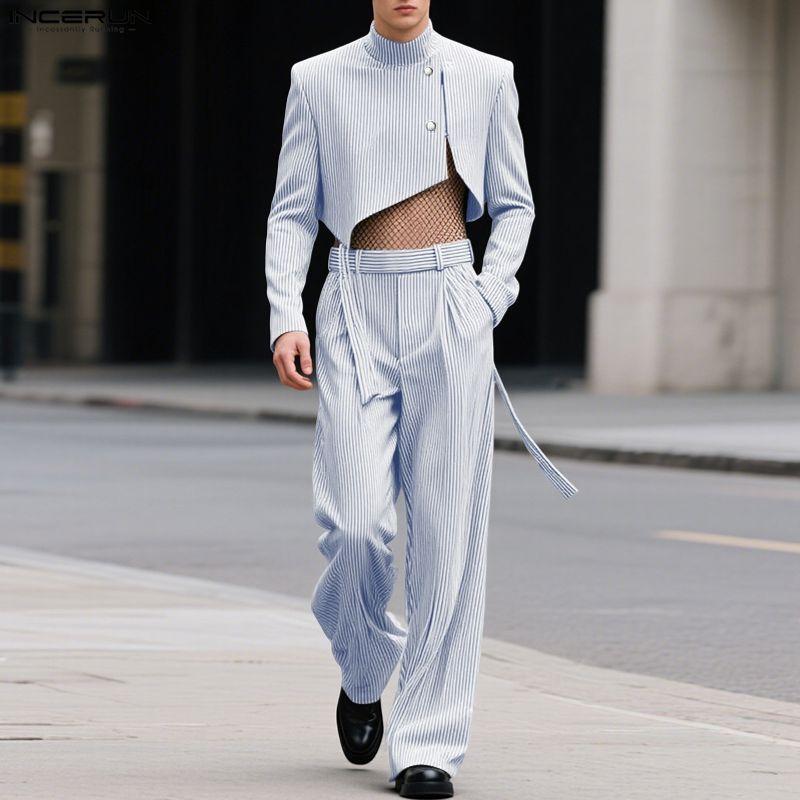 INCERUN Мужские наряды Стойка воротник Полосатый Длинный рукав Кроп-топы На молнии С высокой талией Длинные брюки Комплекты