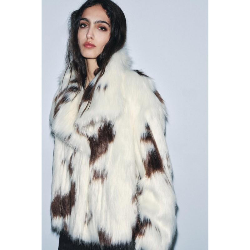Womens Faux Fur Jacket Winter Leopard Print Stand Collar Casual Coat Long Sleeve Mid-Length