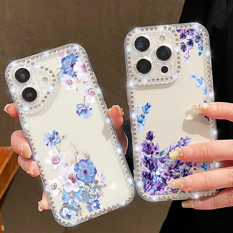 Прозрачный мягкий силиконовый чехол с цветочным узором для iPhone 16E 16 Pro Max 15 Pro 14 13 12 11, противоударный прозрачный чехол для телефона с алмазной рамкой