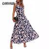 Летнее женское платье с v-образным вырезом и эластичной резинкой на талии, повседневные платья без рукавов с принтом