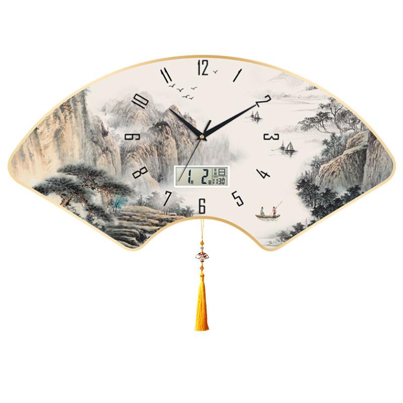 Новые настенные часы в китайском стиле, бесшумные, для дома, гостиной, кварцевые, настенные часы для спальни, часы с календарем, креативные часы в форме веера