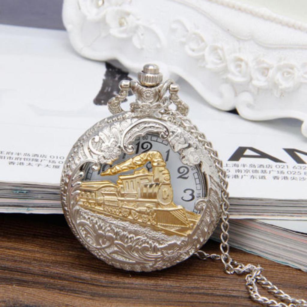 Vintage Steam Train Antique Chain Quartz Locomotive Pendant Pocket Watch Gift