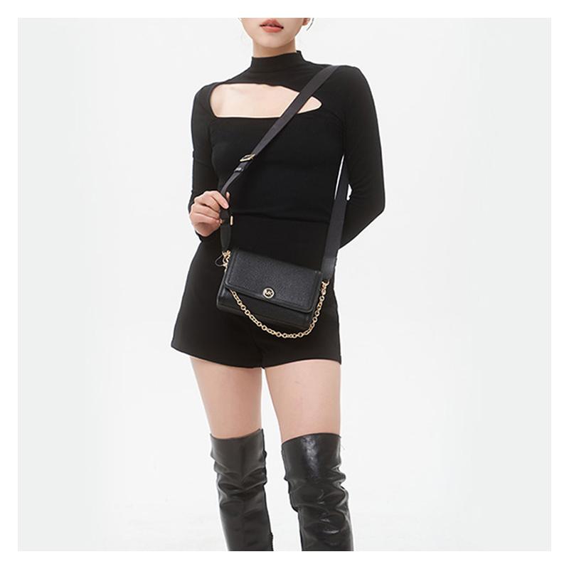 MICHAEL KORS Freya magnetic flap chain pebbled leather hand-held crossbody shoulder bag women's black