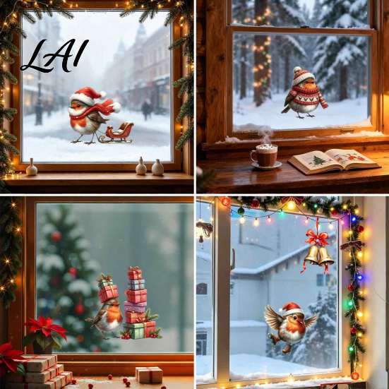 Redbreast Wall Stickers Christmas Window Static Sticker Decorative Reusable Decal PVC Festive Waterproof Mural Decor Holiday Cling for Home