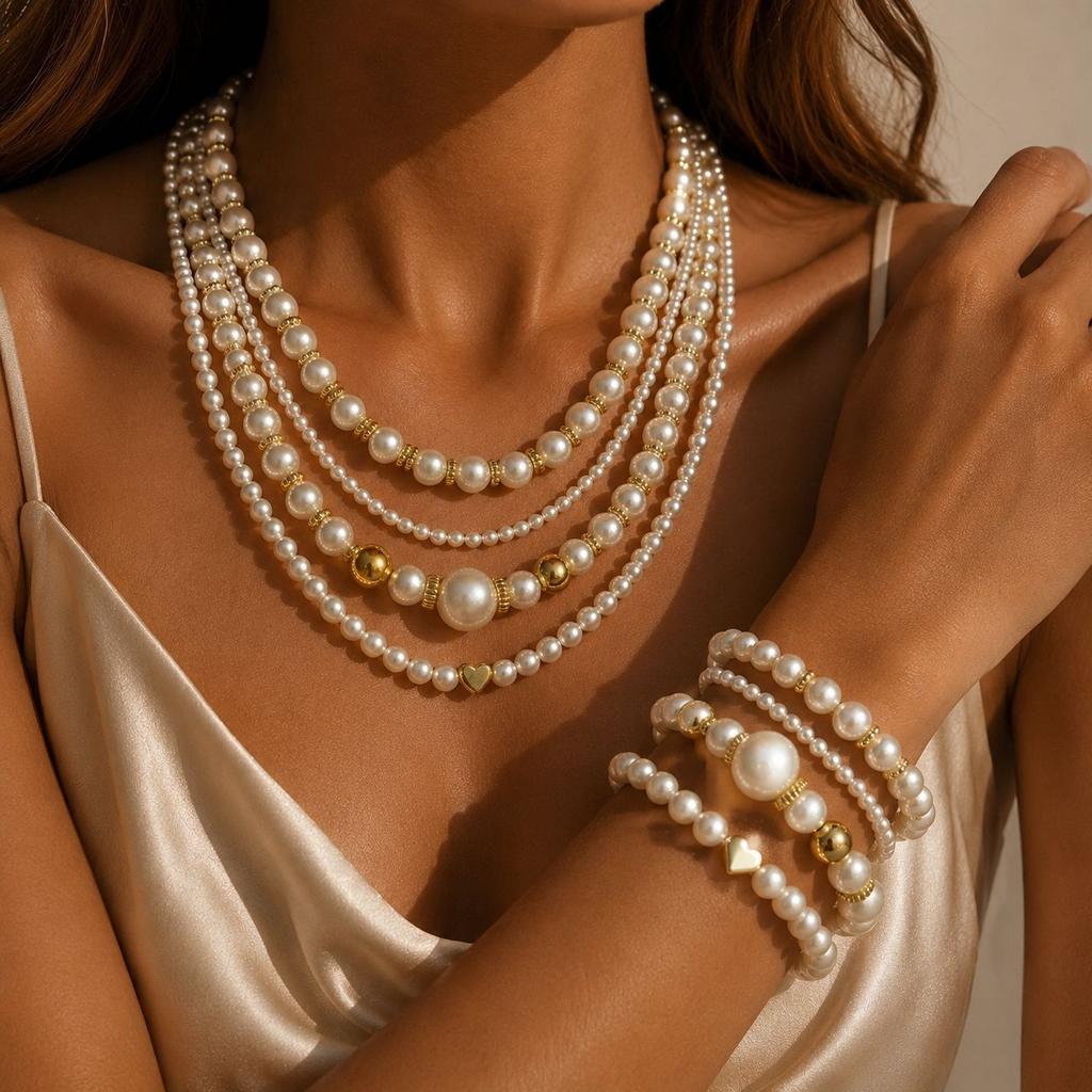 Retro multi-layer beaded pearl necklace bracelet set, fashionable temperament, high sense, versatile love pearl jewelry