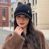 Милая вязаная шапка с кошачьими ушками и мехом кролика, зимняя теплая шерстяная шапка, утолщенная шапка с ушками для защиты от холода