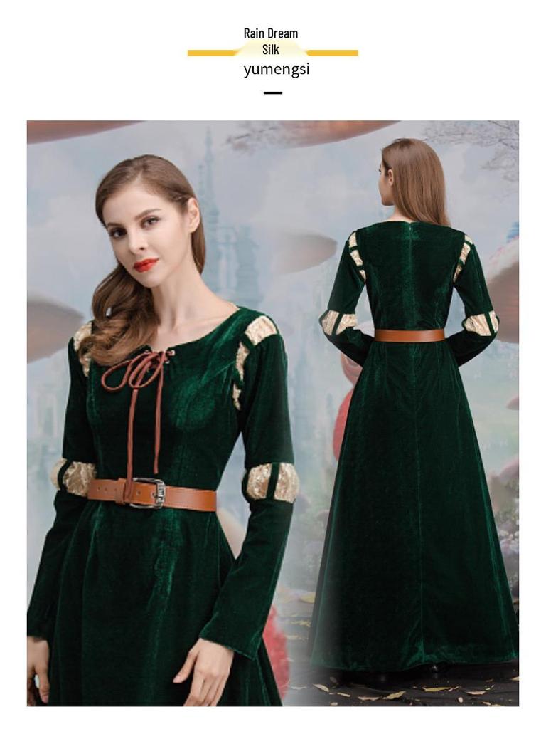 Women's Brave Merida Green Court Long Dress Halloween Cosplay Costume