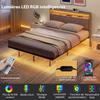 Bed frame 140 x 190 cm with steel base, floating double bed with RGB LED lights and charging station, grey