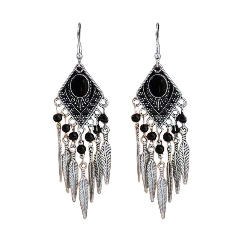Vintage Ethnic Crystal Drop Oil Dangle Earring for Women Rhombus Leaf Tassel Earrings Vacation Style Jewelry Accessories