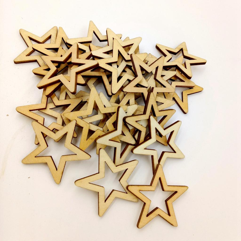 30 Piece 40mm Unfinished Hollow Wooden Shape Star Embellishments for Crafts