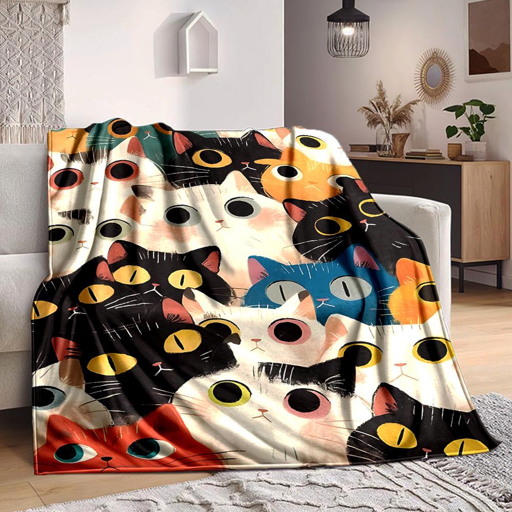 1pc Cat Pattern Print Blanket - Lightweight Flannel Throw Blanket For Sofa, Bed, Living Room, Office, Outdoor Travel, Camping, Soft All-Season Throw
