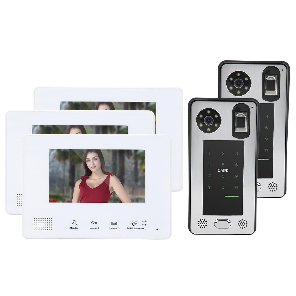 2-Wire Video Intercom 7in 3 Monitors 2 Cameras Fingerprint Password IC Card Night Vision Doorbell