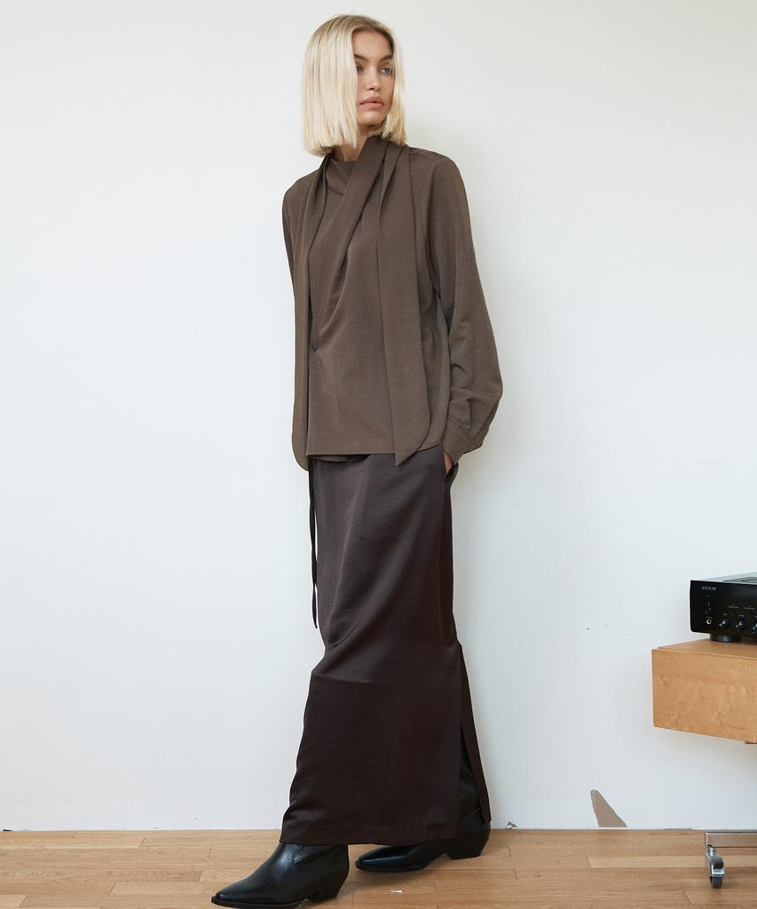 Ihr Wrap Tie Satin Skirt / Dark Brown