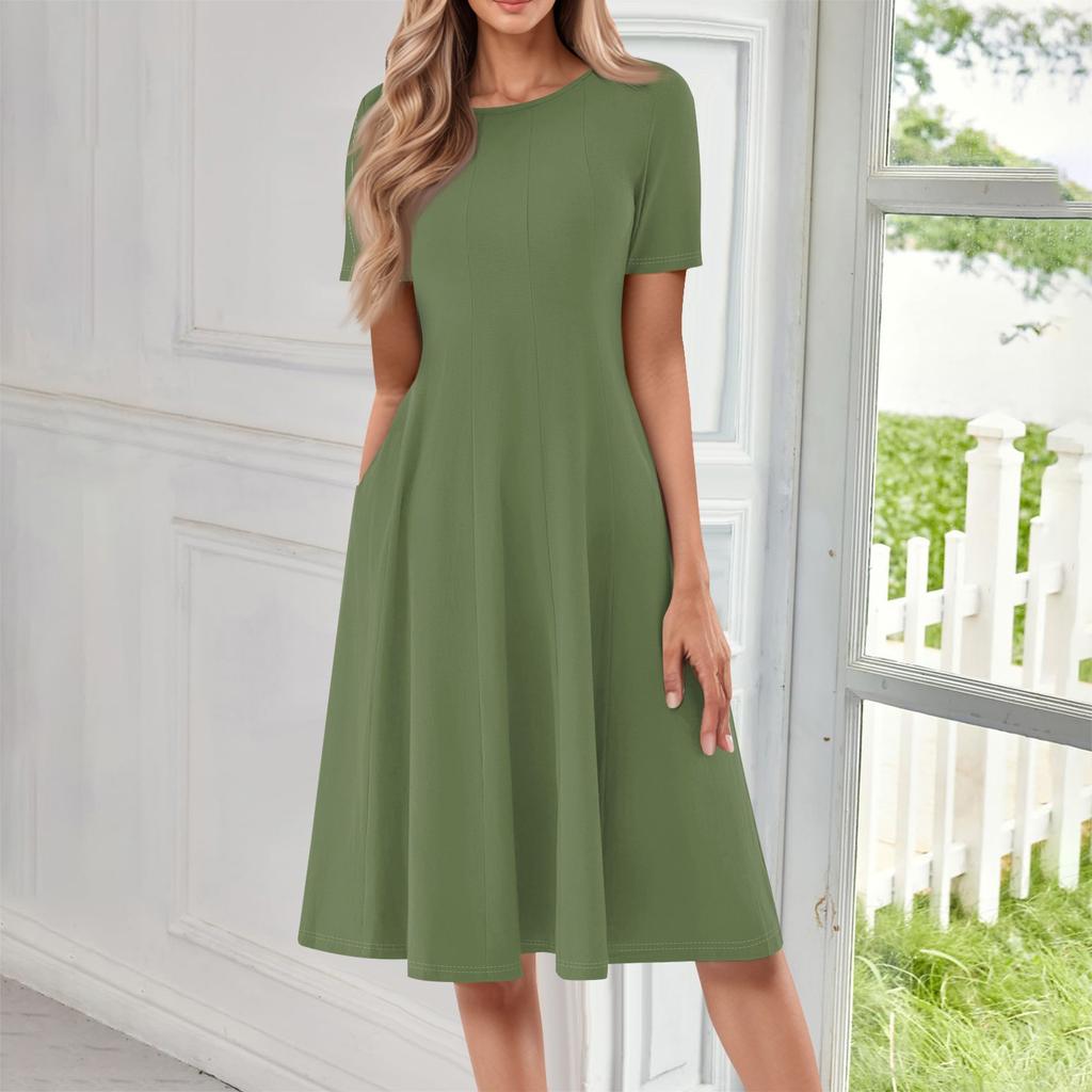 Женское повседневное и модное платье с круглым вырезом и коротким рукавом, однотонное, средней длины