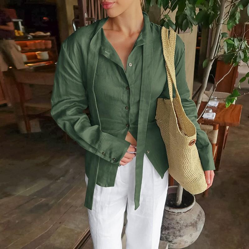 Womens Linen Cotton Wrap Tie Waist Shirt 2026 Elegant Office Wear Long Sleeve Button Up