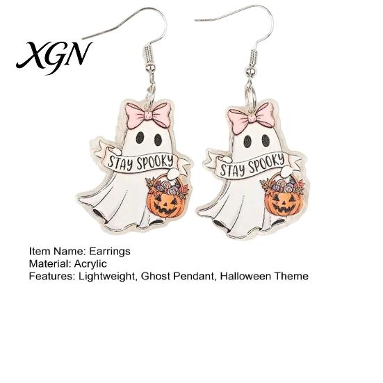 Gift for Girls Women 1 Pair Acrylic Ghost Earrings Women, Halloween Cute Dangle Drop Sweet Cool Holiday Accessories with Pumpkin Bucket And
