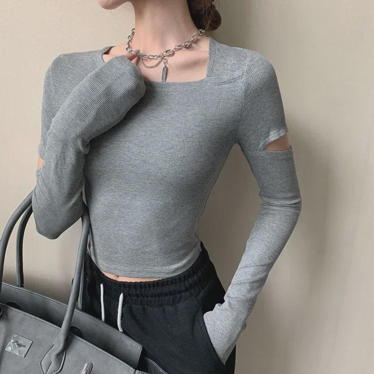 Новая весна и осень облегающая сексуальная эластичная короткая футболка для женщин