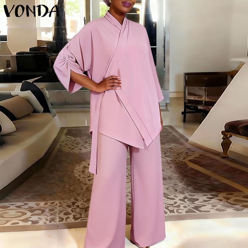 VONDA 2 шт. Женские костюмы Повседневный костюм из двух предметов: блузка с длинным рукавом и брюки, застежка сбоку
