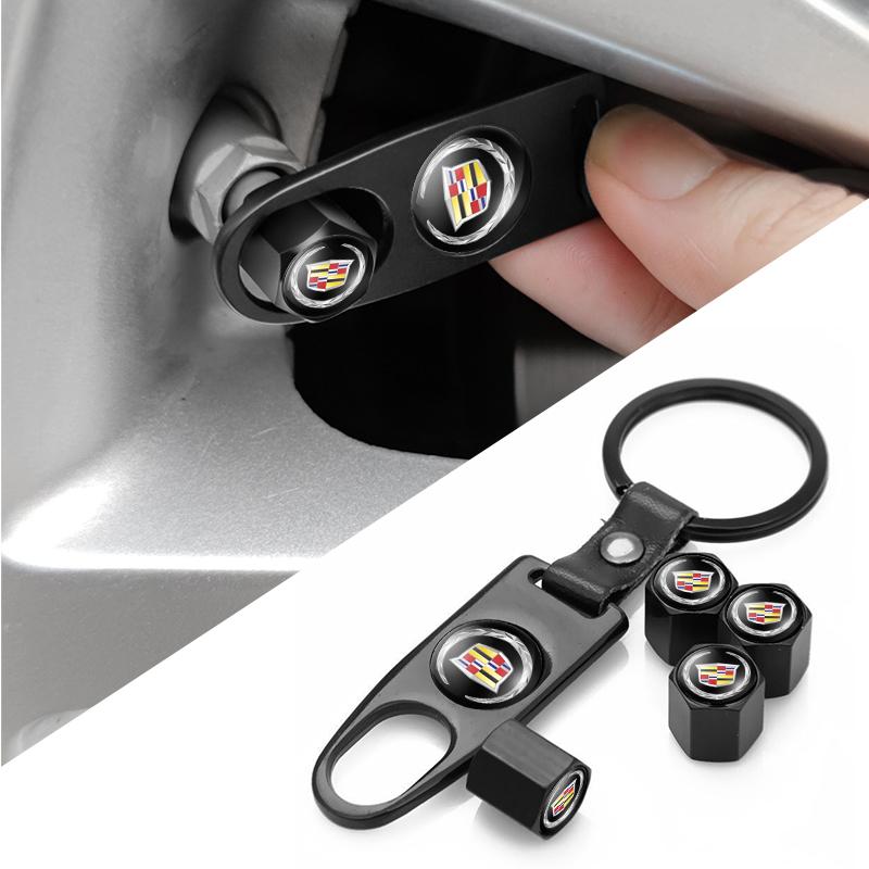 AABHX1 Car Wheel Tire Valve Stems Cap With Keychain Keyring Badge for Cadillac ATS BLS CT4 CT6 CTS ESCALADE STS XLR XT4 XT5 XTS SLS