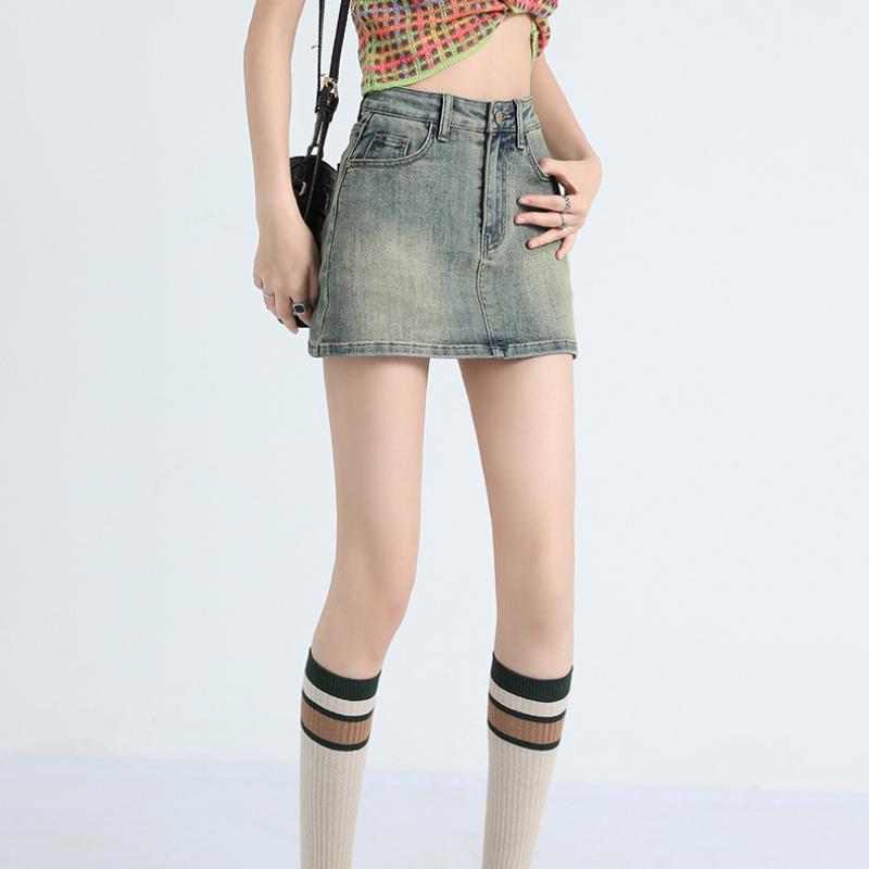 Джинсовая короткая юбка в стиле ретро, ​​женская летняя короткая юбка для похудения с высокой талией, антибликовая юбка трапециевидной формы с запахом на бедрах