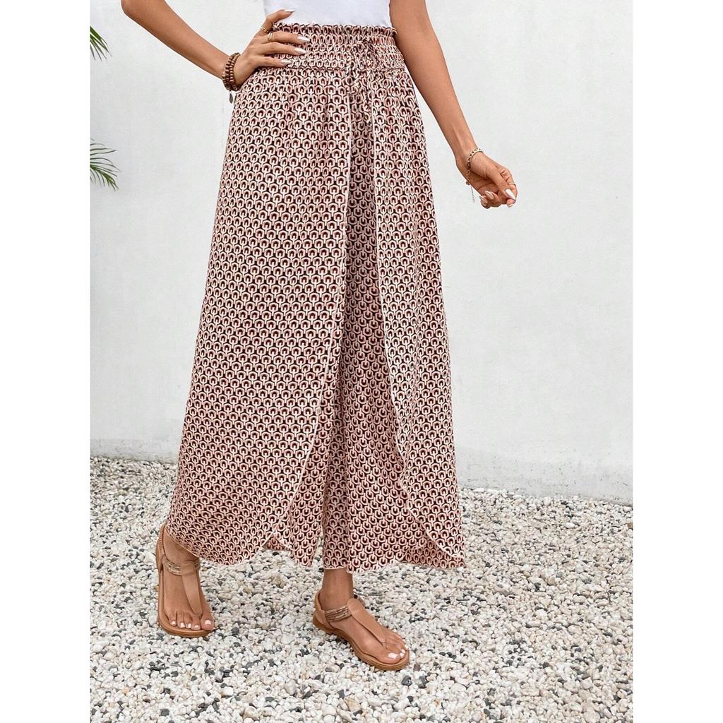 IHUASU Women's Summer Fashion with Floral Side Slit Wide Leg Culottes