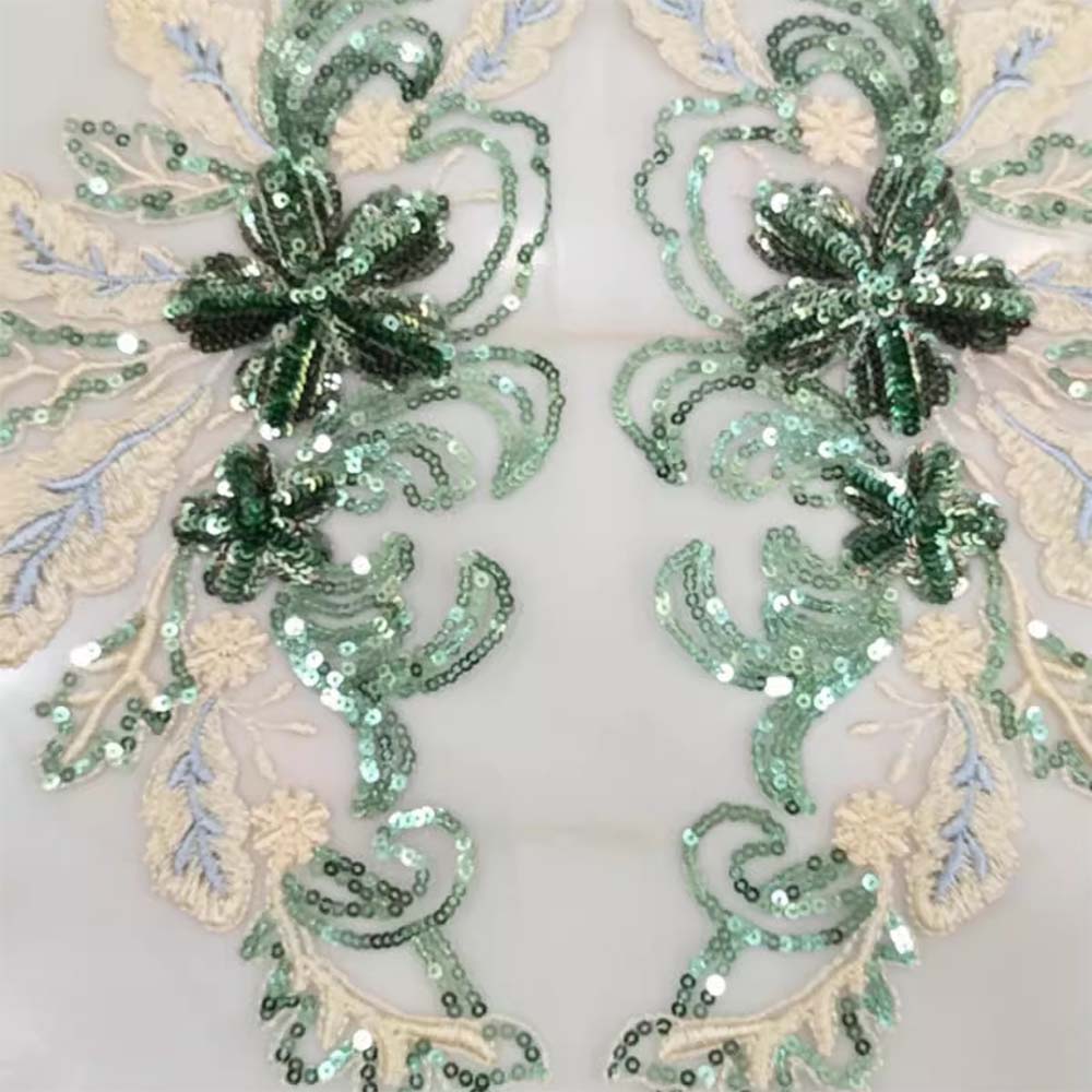 1 Pair Blue Green Flower Sequins Embroidered Patches Wedding Appliques DIY Sew Patch Dress Decoration