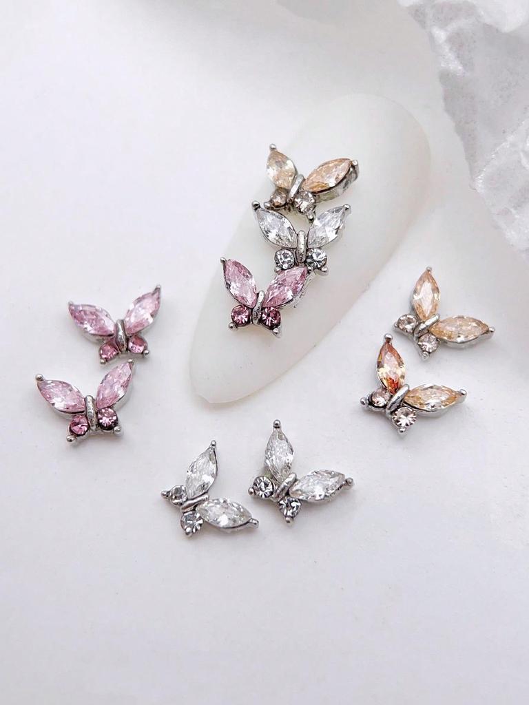 10pcs Mini Metal Rhinestone Butterfly Nail Art Jewelry 3D Pink Champagne White Diamond Nail Jewelry