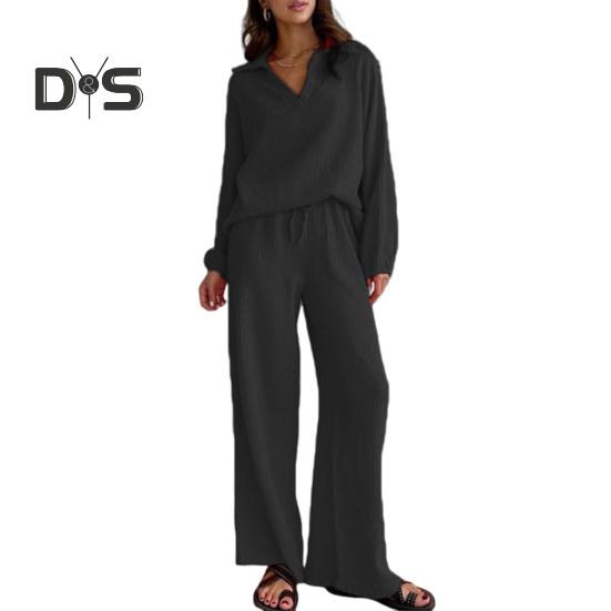 Женский повседневный комплект из двух предметов, свободный повседневный топ с длинными рукавами и штаны на шнуровке, женский наряд для отдыха с отложным воротником