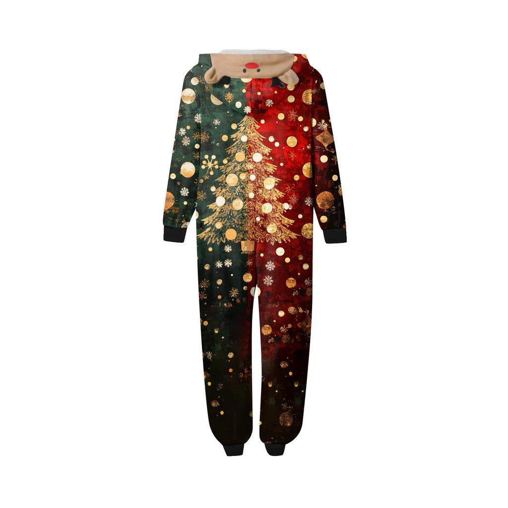 Christmas Print Family Matching Hooded Long Sleeved Zippered Jumpsuit Set