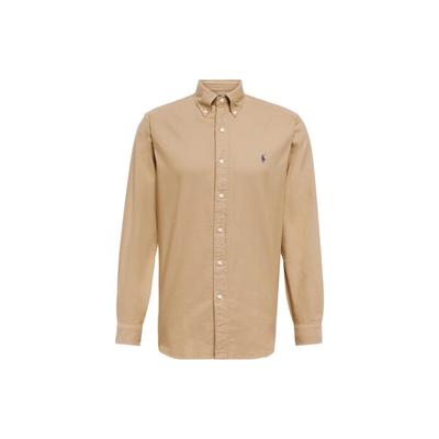 Polo SS23 Однотонная рубашка с длинным рукавом и вышитым логотипом Мужские рубашки цвета хаки-желтый 710889740-001