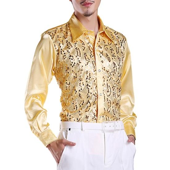 Мужская роскошная рубашка с блестками, однобортная однобортная рубашка с лацканами и длинными рукавами для свадебной сцены, приталенная официальная повседневная рубашка, топы
