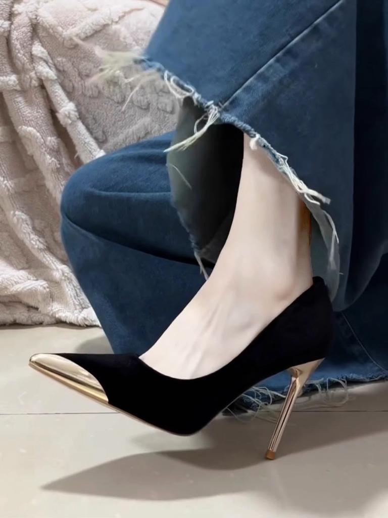 Light Luxury Black Suede High Heels Women's Thin Heels 2025 New Spring and Summer Banquet Temperament Imperial Sister Shallow Mouth Pointed Single Sho