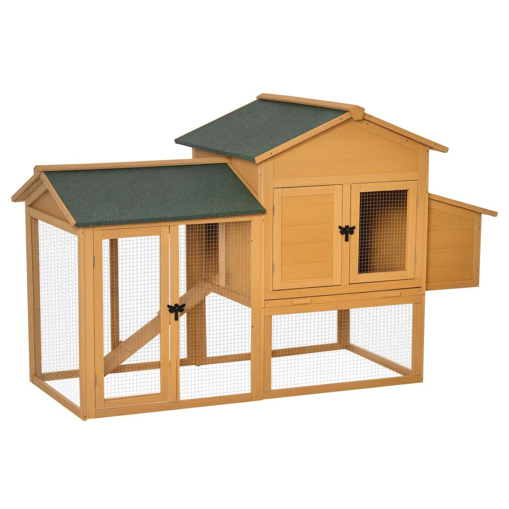 Dwarf chicken coop with run and brooder. Weatherproof sealed fir wood. Asphalt roof. Yellow+Green