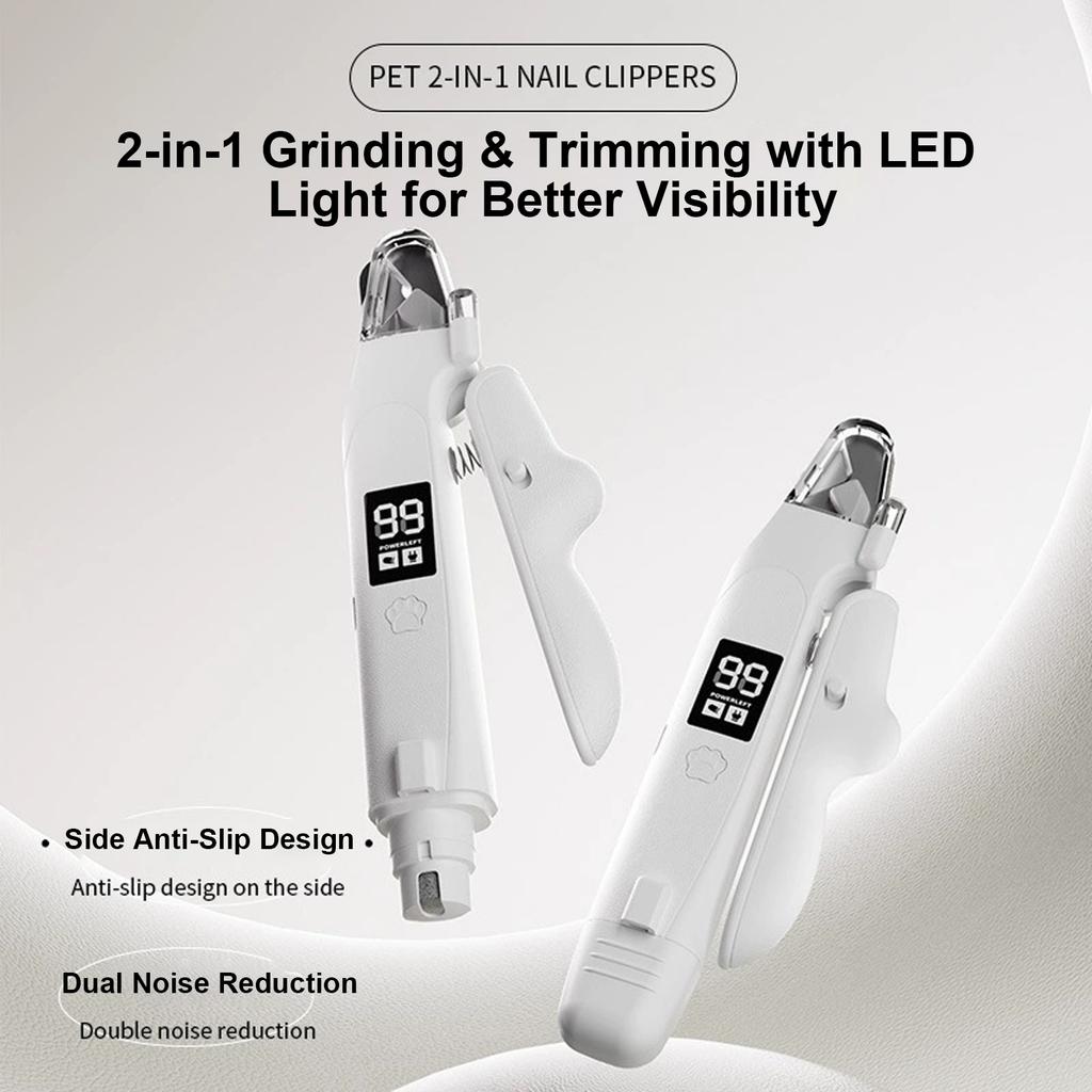 2 in 1 Pet Nail Grinder Trimmer with LED Light USB Rechargeable Dog Cat Clipper for Small Medium Large Breeds