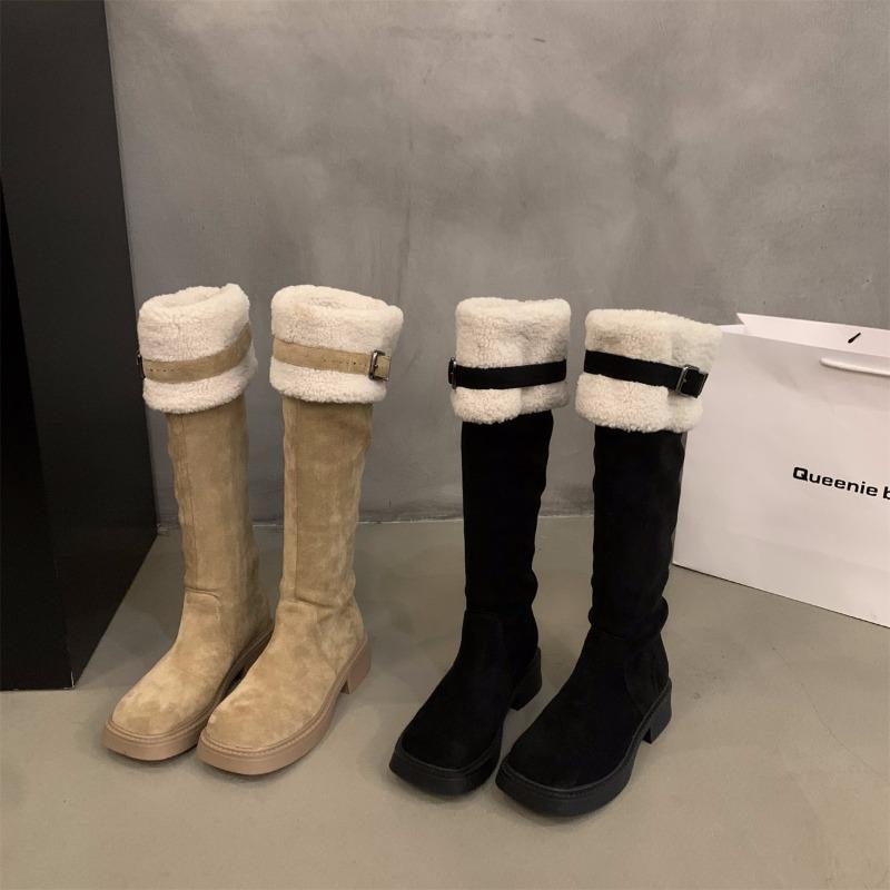 2024 Thick Sole Snow Boots Women's Faux Over-the-Knee Boots New Winter Plush Warm Furry Boots Belt Buckle Casual Cotton Shoes