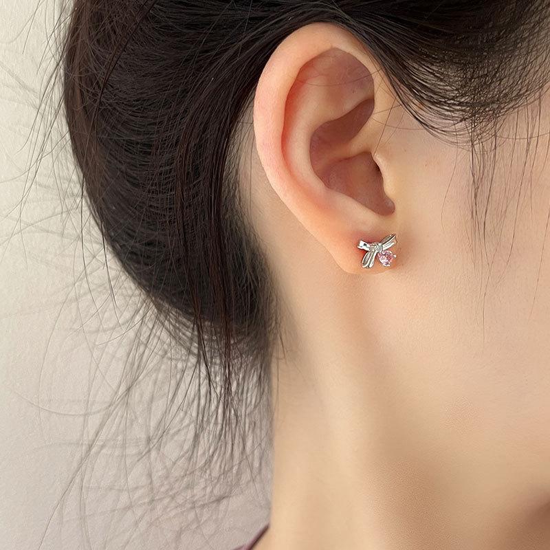 Корейский стиль Высококачественные розовые бриллиантовые серьги-капли с бриллиантами в форме банта Мини-сладкие серьги Niche