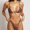 Women's Split Halter Neck Solid Color Patchwork O-String Bikini Sets