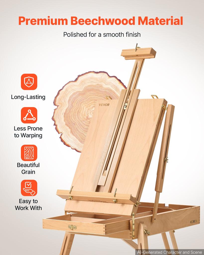 VEVOR French Easel with Legs Foldable and Portable Sketchbox Easel Stand, For Painting, Solid Beech Wood, Holds Canvas up to 860 mm