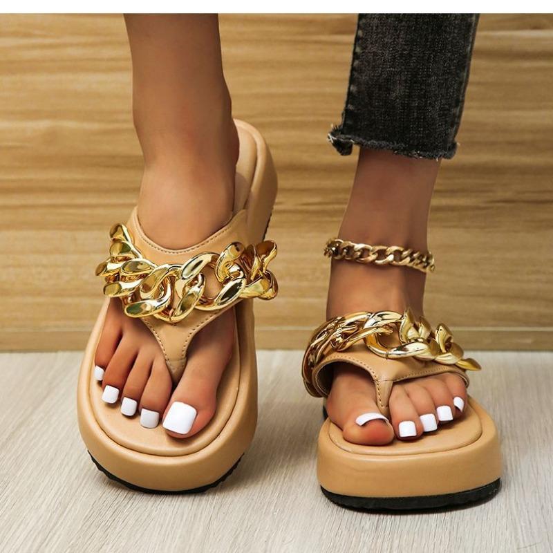 Roman Muffin Flip-flops Strap Sandals Women's Summer Flats Casual Beach Shoes Chain Women's Shoes