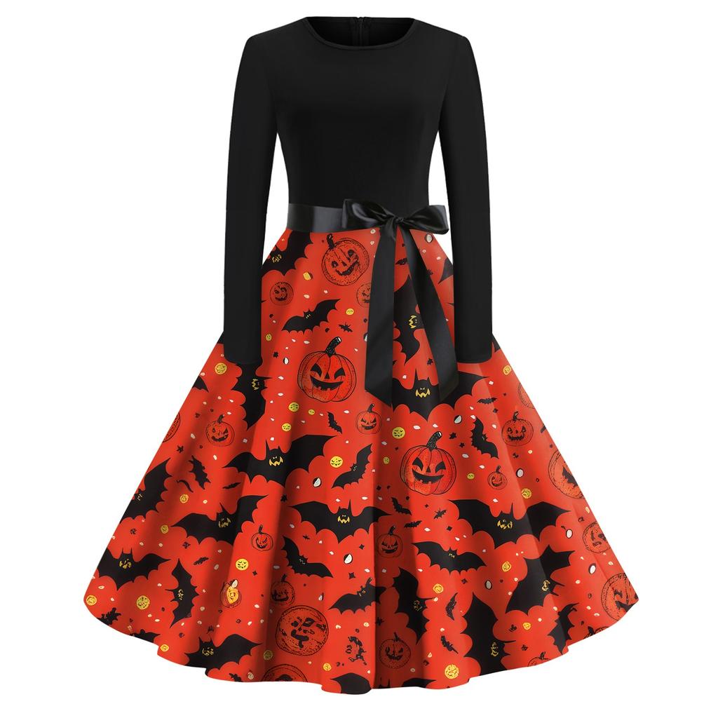 Платье-клеш с принтом на Хэллоуин для женщин с длинным рукавом, повседневные платья с круглым вырезом и ажурной отделкой