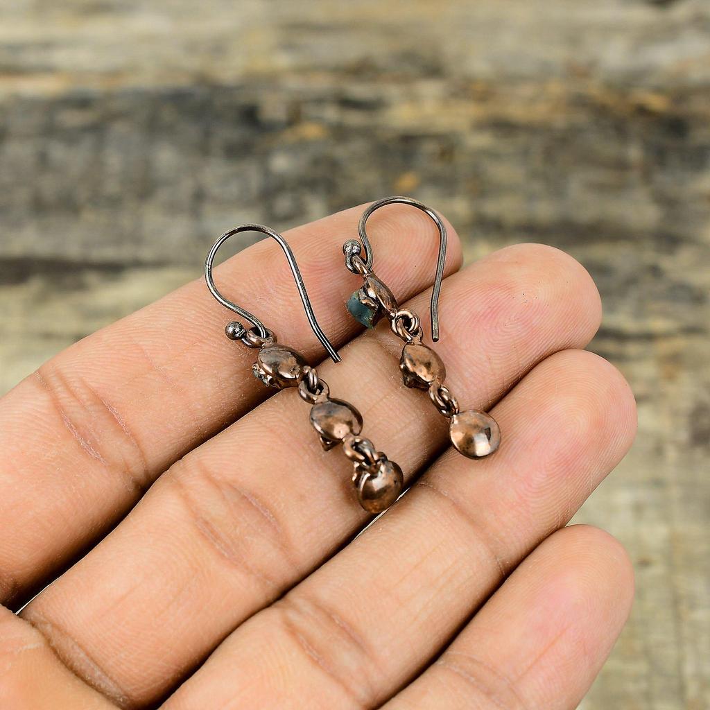 Грубые серьги с аквамарином, медные серьги, полученные гальваническим способом, ювелирные изделия ручной работы, серьги из натурального драгоценного камня, гальванические медные ювелирные изделия, подарок для женщин