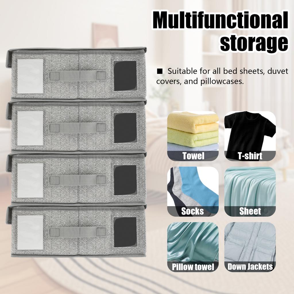 4Pcs Sheet Storage Box Organizer Foldable Window Label Blanket Bed Sheet Organizer Box Wardrobe Bed Clothes Storage Organizer