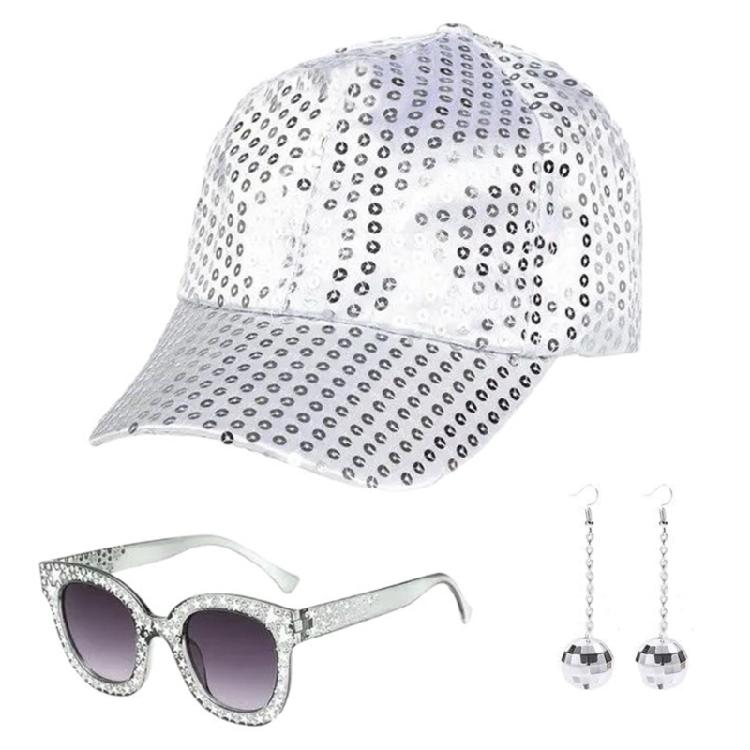 70s Disco Fancy Dress Set Bling Hat Bling Sunglasses Long Scarf Earring, and 70s Disco Accessories