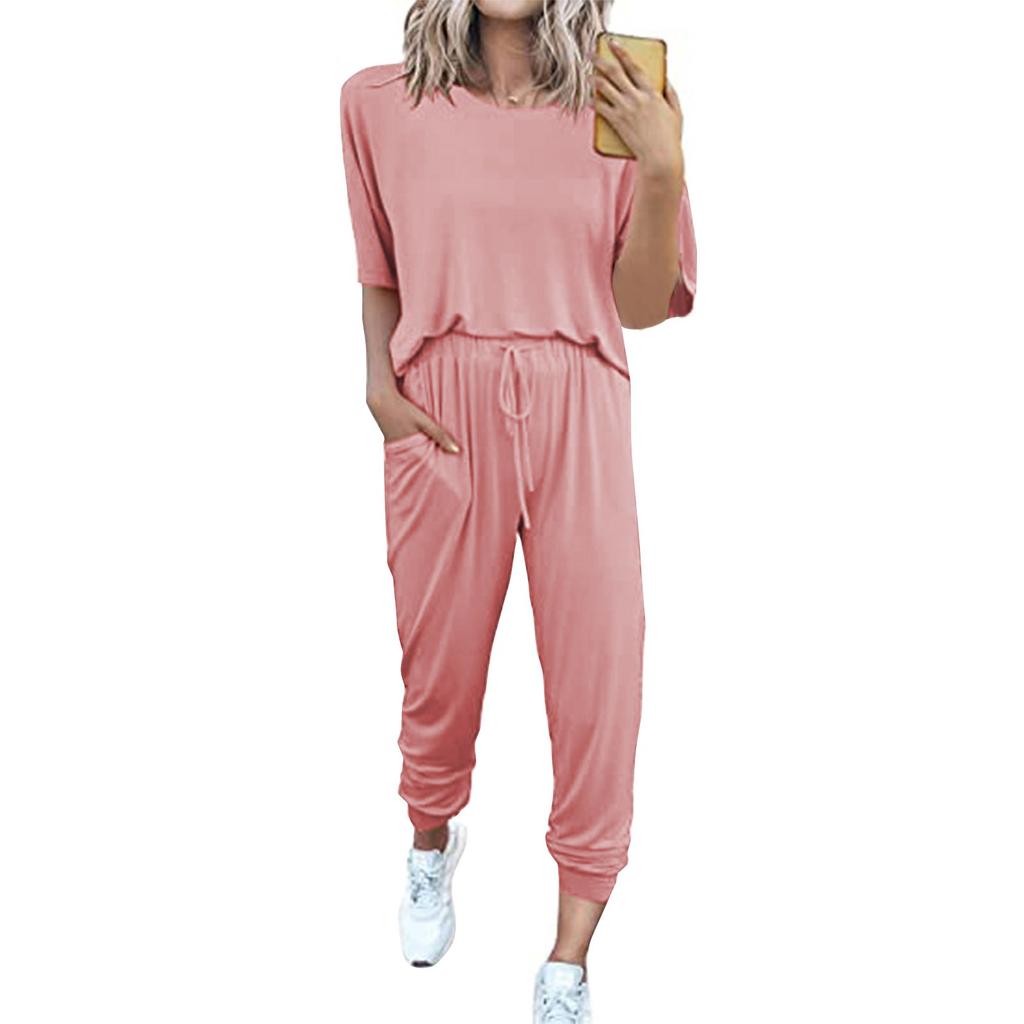 Женский свободный пуловер с круглым вырезом, повседневный модный костюм с короткими рукавами и длинными брюками