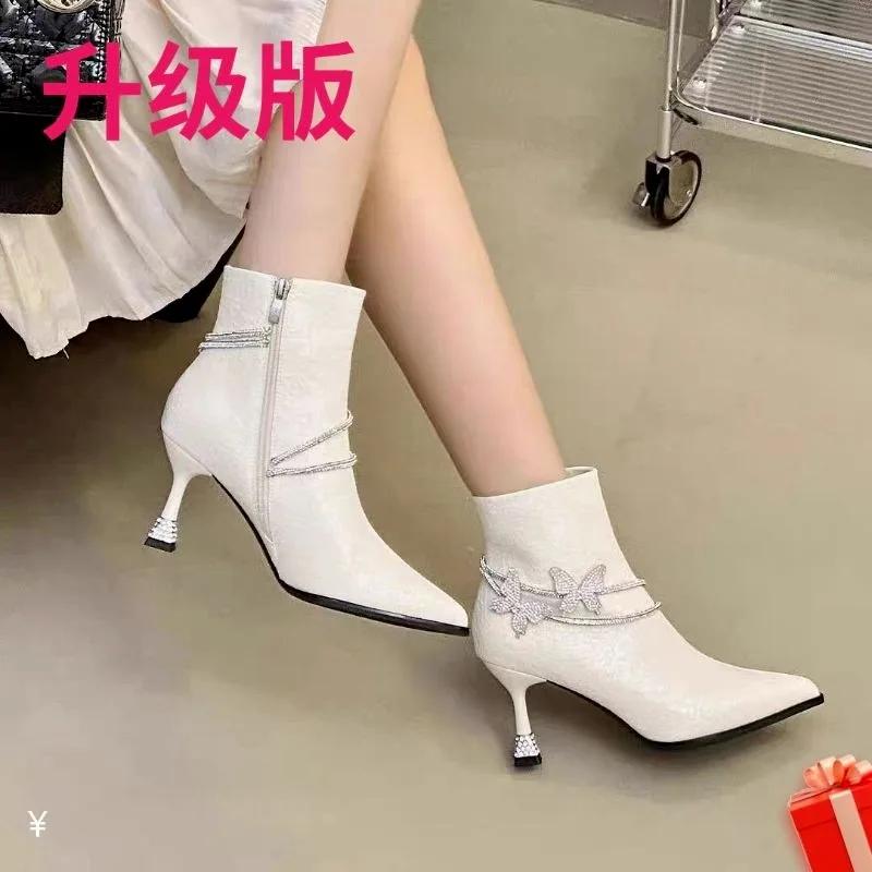 Тонкие каблуки Зимние ботильоны Современные сапоги с острым носком и средним каблуком 2024 Высококачественная женская обувь с бабочкой-узлом Сексуальные женские сапоги