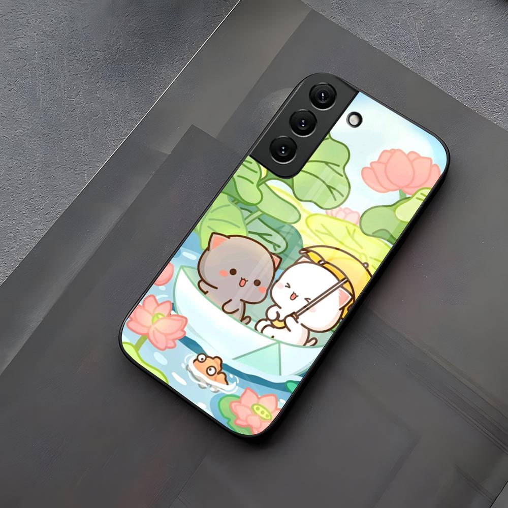 Забавный Мультяшный Персиковый Кот Моти Чехол Для Телефона Стекло Для Samsung Galaxy S23 S24 S21 S25 S22 S20 Ultra Fe Plus A55 A15 A14 Чехол