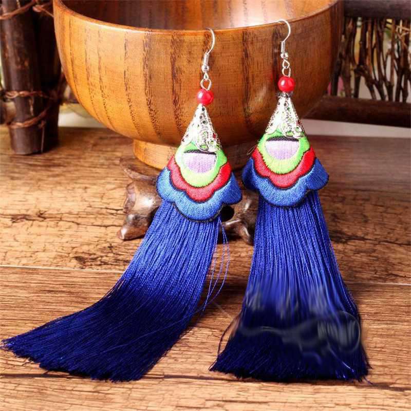 Вышитые серьги с кисточками в стиле ретро, ​​длинные этнические серьги с кисточками в этническом стиле