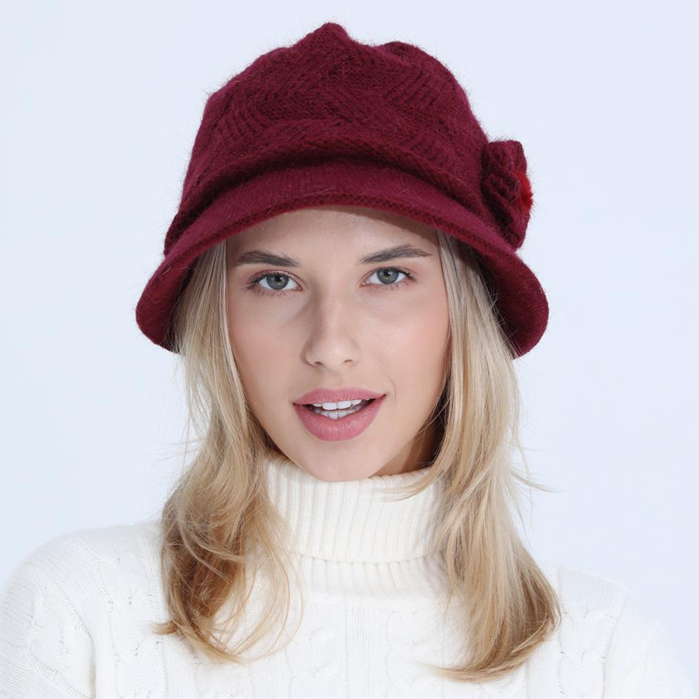 Knitted Hat New Women's Autumn and Winter Flower Fashion Mom Rabbit Wool Basin Hat Plus Velvet Thickened Warm Hat